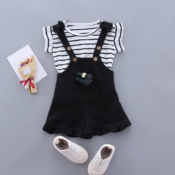 Striped Short Sleeve Strap Shorts Two-piece Set