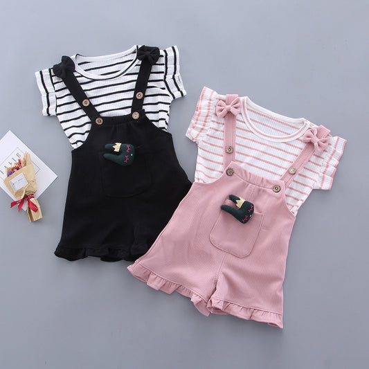 Striped Short Sleeve Strap Shorts Two-piece Set