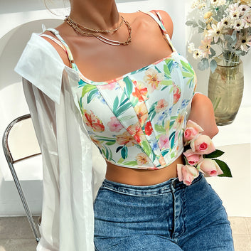 Cross border foreign trade spicy girl low cut backless printed camisole with European and American style sexy diamond fishbone waistband vest D004