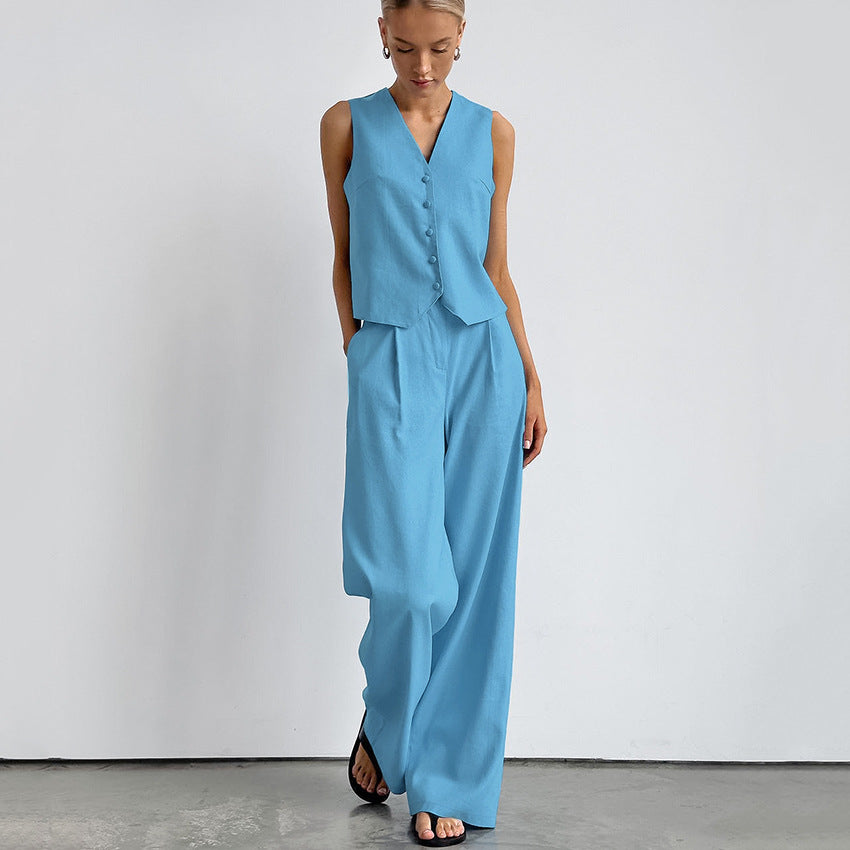 2024 Summer New Sleeveless Vest Pants Two piece Set Blue Cotton and Hemp Commuter Fashion Slim Fit V-neck Set for Women