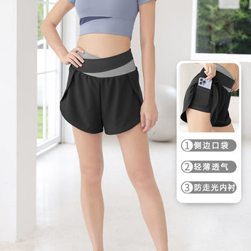 Juyitang color-blocked fake two-piece yoga shorts nude anti-walking sports shorts quick-drying running gym pants women