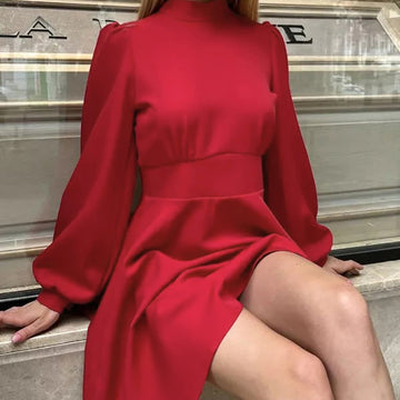 French Spring Red Round Neck Bubble Sleeve Dress 2024 Wildberry Hot Selling New Fashion Wholesale