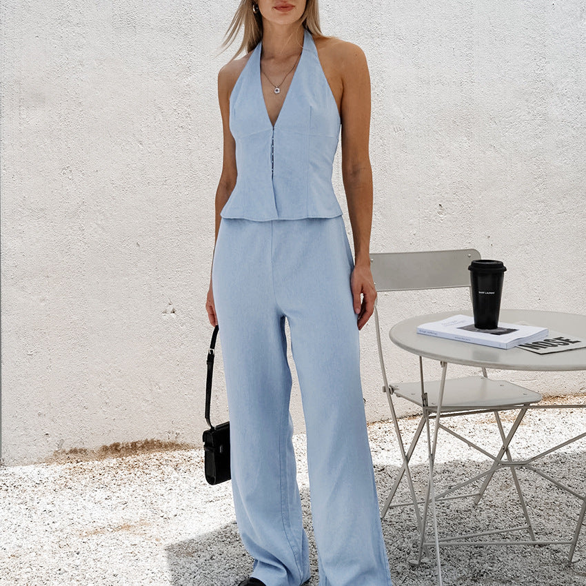 Summer Hot selling Solid Color Fashion Casual Set Cotton and Hemp Sleeveless Hanging Neck Top High Waist Long Pants Two piece Set Wholesale for Women