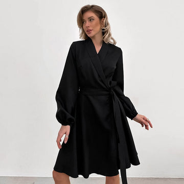 French spring new black lace-up dress 2024 European and American fashion cross-border wholesale commuter A skirt