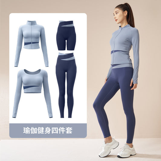 Juyitang color-blocked yoga four-piece set of nude seamless fitness clothes without chest pads high-intensity yoga suit