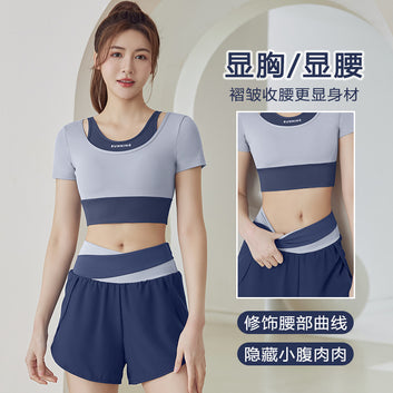 Juyitang summer new short color matching exercise fitness yoga fake two-piece yoga suit