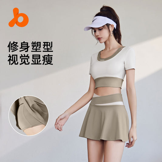 Juyitang high-elastic nude running sports suit, color-blocked fake two-piece suit, quick-drying anti-walking suit women