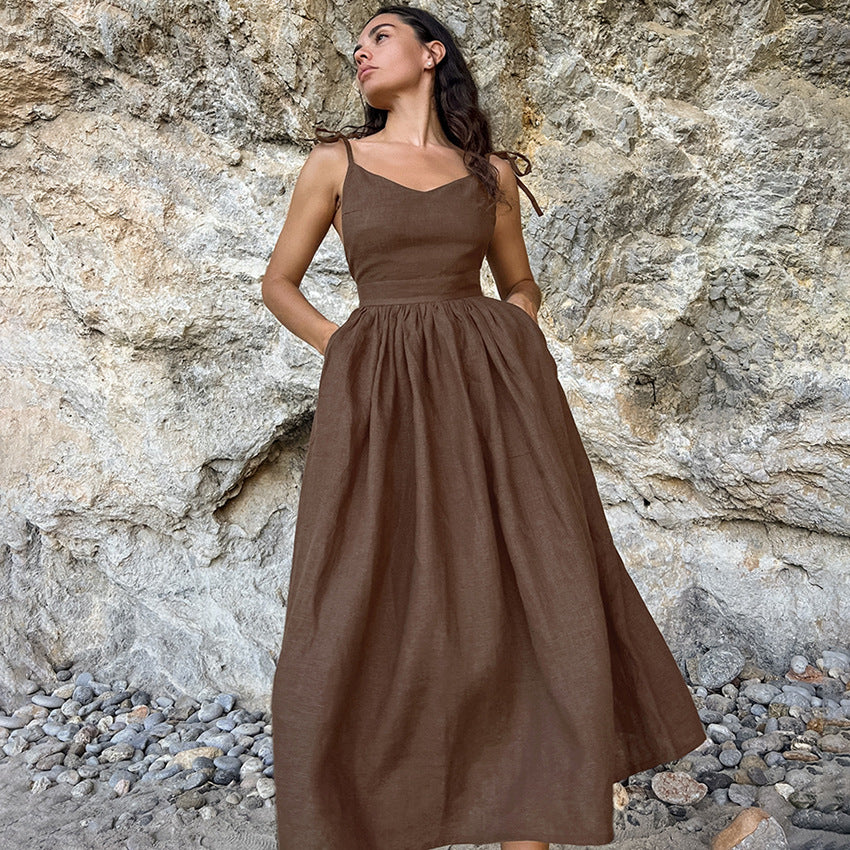 French khaki cotton and linen breathable suspender high-waisted dress 2024 European and American spring new resort style long skirt women