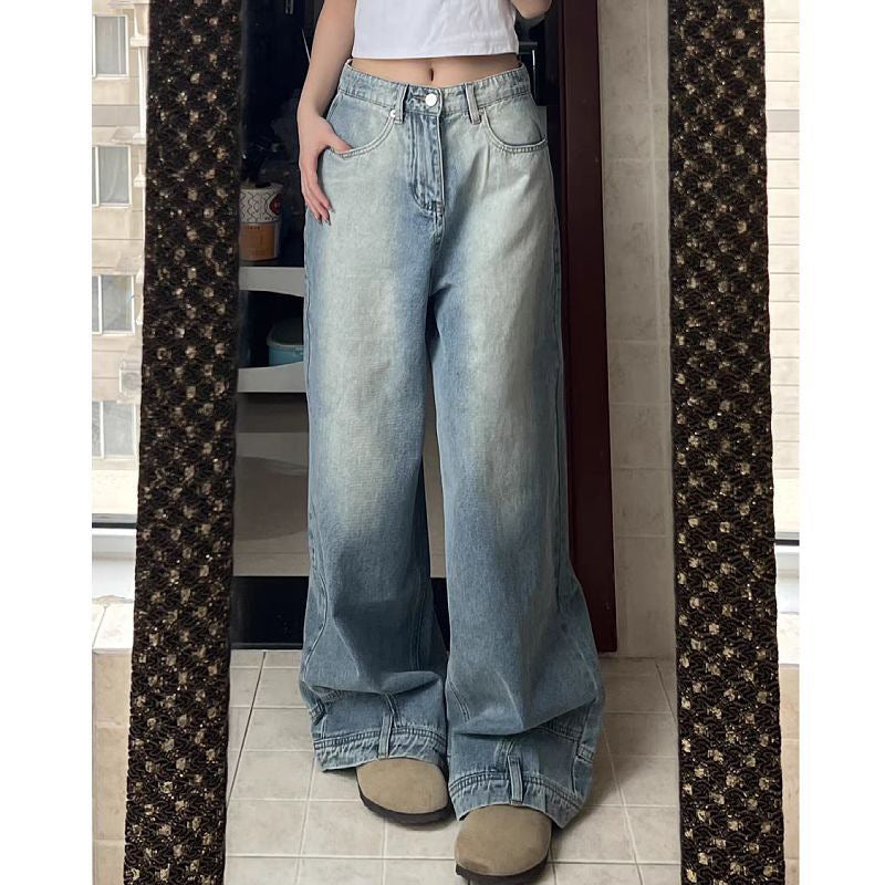 Plus size fat mm American retro wash design jeans women's high street straight loose thin wide-leg drop pants