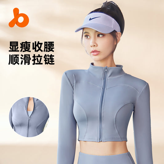 Juyitang autumn zipper crop top high neck yoga jacket stand up collar trim top running sports yoga wear women