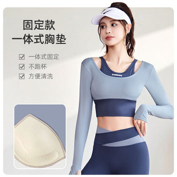Juyi Tang's new quick drying slim fit sports and fitness suit, shock-absorbing color blocking fake two-piece no wear bra yoga suit