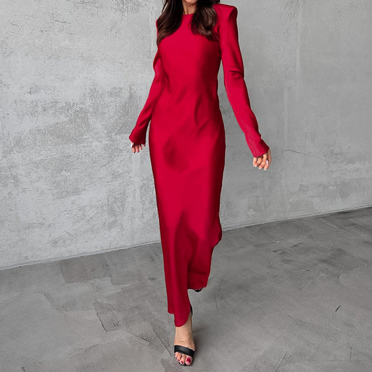 French elegant red satin dress 2024 European and American spring new fashion cross-border shoulder pad long skirt women's wear