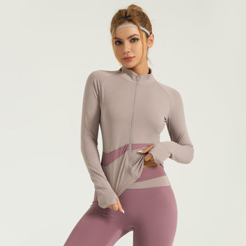 Cross-border area peach color matching yoga coat nude sports coat high neck slim breathable navel fitness clothes female