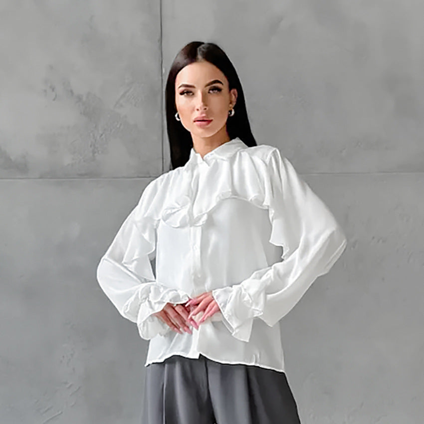 Cross-border spring fashion temperament chiffon white lapel long sleeve shirt European and American casual simple cardigan shirt women