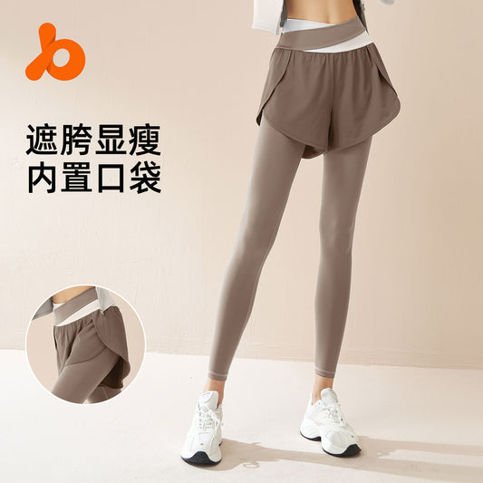 Juyitang fake two color-blocked high-stretch yoga pants, anti-walking light, running sports, high-waisted belly-cinching nude fitness pants
