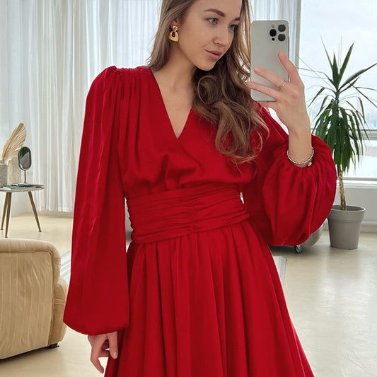 Fashionable Classic Solid Color Evening Dress Color Ding Satin Smooth V-Neck Bubble Sleeve Dress Cross border Spring/Summer Fluffy Skirt