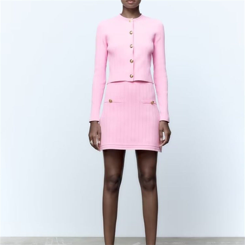 Autumn women's pink small fragrant style knitted cardigan short jacket paired with a design high waisted and hip wrapped skirt set