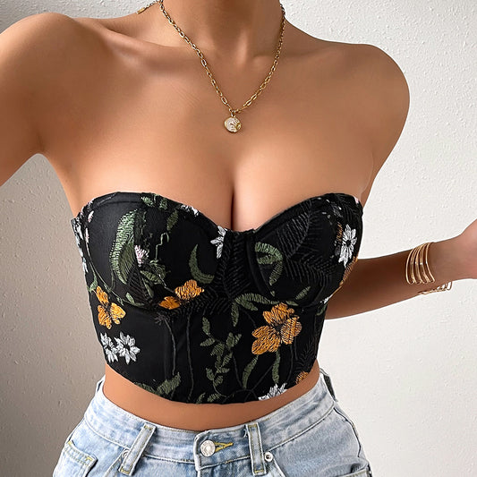 European and American style cross-border women's clothing sexy low cut embroidered short top with exposed navel, cotton chest and steel ring small tank top for women 11037