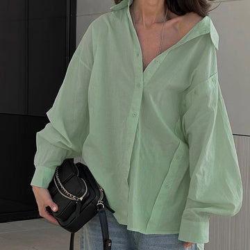 Green Pure Cotton Spring New Product Polo Collar Long sleeved Loose Shirt 2024 European and American Fashion Cross border Wholesale Commuter Top