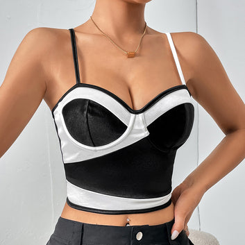 Cross border women's clothing new product from Europe and America, low cut, color blocking, spicy girl, deep V-shaped hanging, outer wearing, colored Ding steel ring short top, women's K0343
