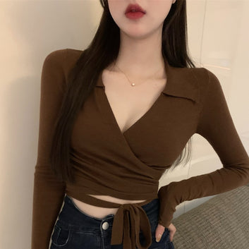 sexy v-neck straps knitted bottoming shirt