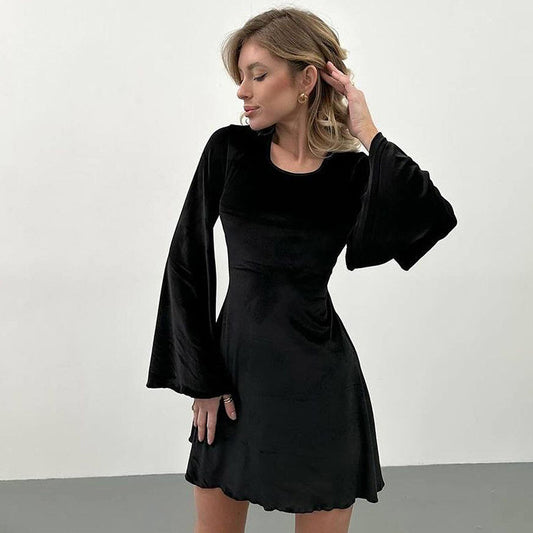 Black Velvet Elegant U-neck Flare Sleeves High Waist Dress 2024 European and American New Spring Fashion Wholesale Short Skirt