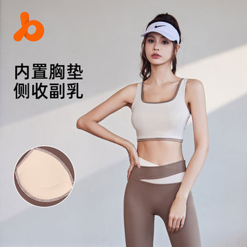 Juyitang high elastic color patchwork sports bra with edging, gathering to show off chest, large collection of auxiliary breasts, shock-absorbing and quick drying yoga bra