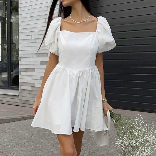 Spring casual fashion all cotton white street style short skirt cross-border European and American square neck bubble sleeve sexy dress for women