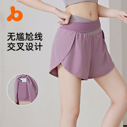 Juyitang color-blocked fake two-piece yoga shorts nude anti-walking sports shorts quick-drying running gym pants women