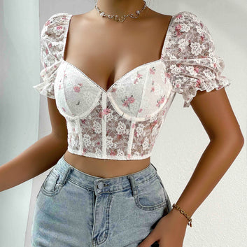 Cross-border foreign trade 2023 spice girl low-cut lace stitching short-sleeved shirt steel ring fishbone European and American vest 10555