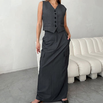 Grey workwear style sleeveless vest, straight tube long skirt set, 2024 European and American spring/summer fashionable new two-piece set