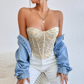 Cross border Foreign Trade European and American Style Spicy Girl Mesh Perspective Diamond Wrapped Chest Steel Ring Fishbone Corset Waist Small Tank Top for Women 60295