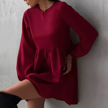 Wine red V-neck bubble sleeve high waist dress 2024wildberries Russian spring best-selling new women.