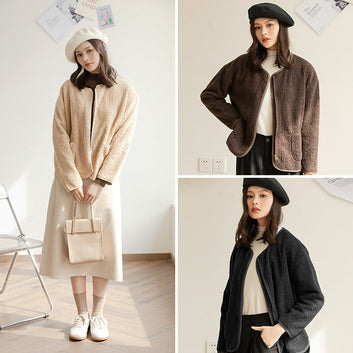 Collarless lambswool coat female cashmere long-sleeved autumn 2024 new Joker thickened loose solid color coat tide