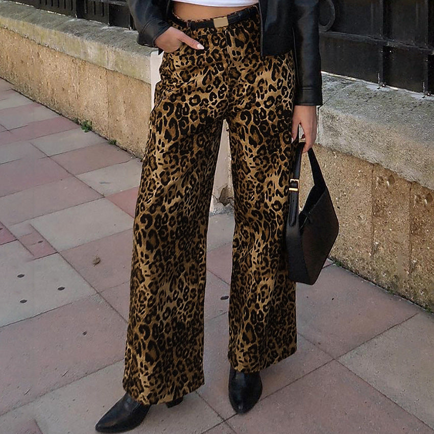 Spring and summer retro new leopard print wide-legged high-waisted slacks 2024 European and American fashion cross-border wholesale commuter trousers women