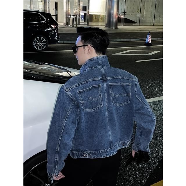 Nightclub high street hair stylist original design hipster Hong Kong style denim jacket back pocket handsome denim jacket