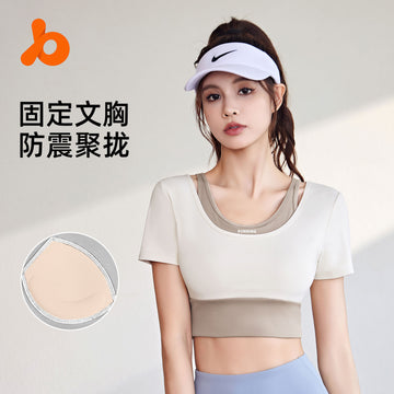 Juyitang Yoga Short Sleeve Color-Blocked Fake Two Sports Tops Quick Dry No Bra Seamless Yoga Gym Wear