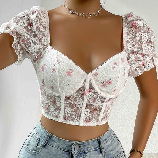Cross-border foreign trade 2023 spice girl low-cut lace stitching short-sleeved shirt steel ring fishbone European and American vest 10555