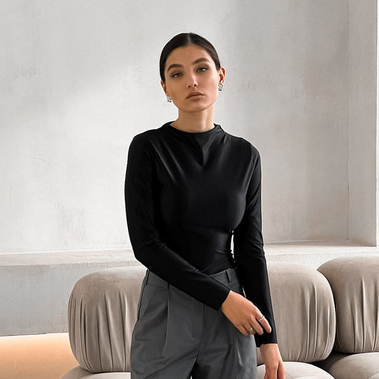 Cross-border fashion silky ice sense round neck long sleeve slim black T-shirt spring summer simple and versatile knitted crop top