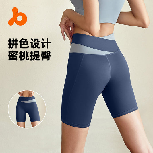 Juyitang color-blocked five-point pants, no embarrassment line, yoga pants, high-stretch slim fitness running sports leggings