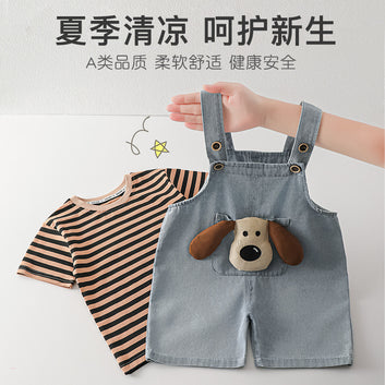 Cartoon denim overalls two-piece set