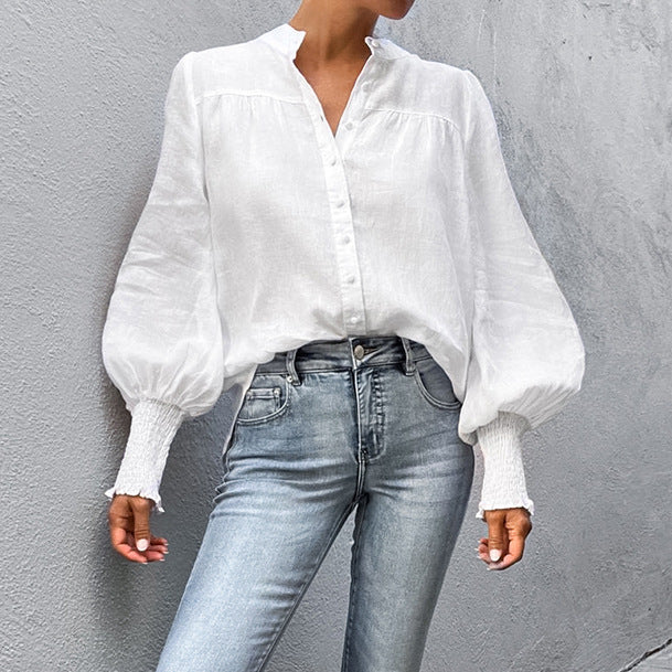 French style small stand up collar bubble sleeve cotton linen women's shirt 2024 European and American spring new cross-border wholesale fashion top