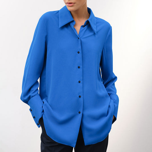 Leisure and minimalist blue chiffon lapel cardigan, long sleeved shirt, spring/summer cross-border loose wholesale, commuting women's clothing in Europe and America