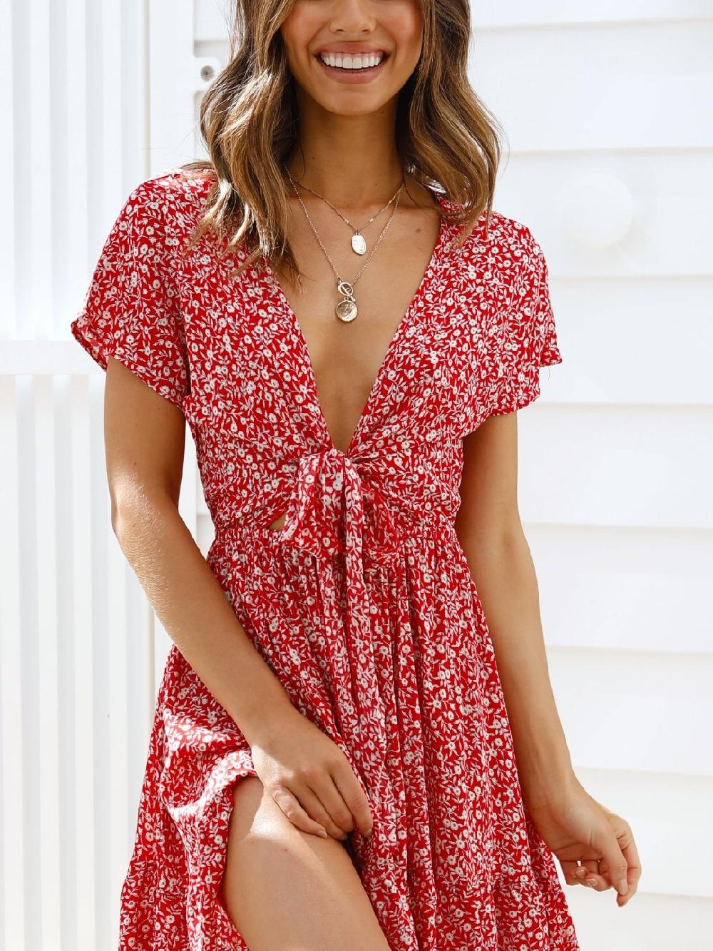 Printed Short Sleeves Sexy Lace up Big Swing Dress